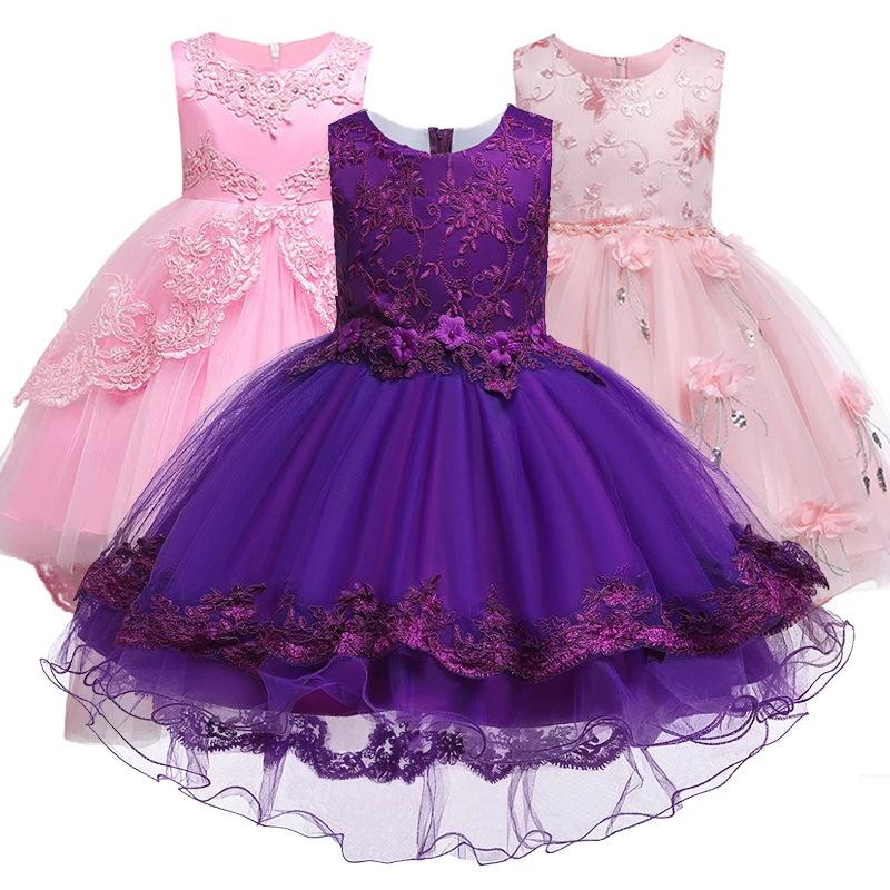 Детское платье со шлейфом и вышивкой модное кружевное с цветочным принтом для