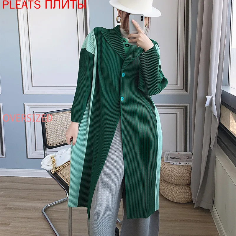 

Miyake Fold Mid-length Suit Collar Trench Coat Women New Fashion Niche Hit Color Retro Windbreaker Women