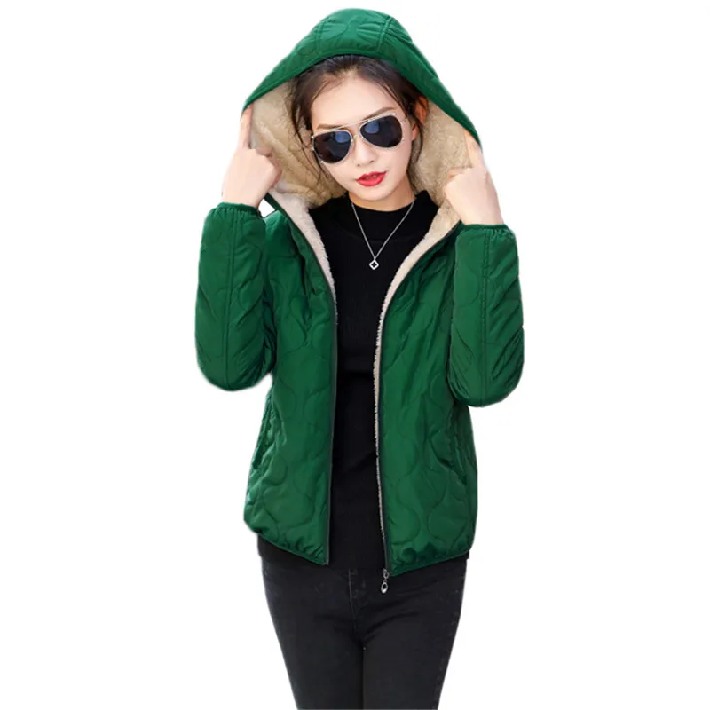 

Green Coat Women Plus Size Hooded Add Wool Jackets New Autumn Winter Fashion Slim Black Red Chic Warmth Cotton Parka CX1073