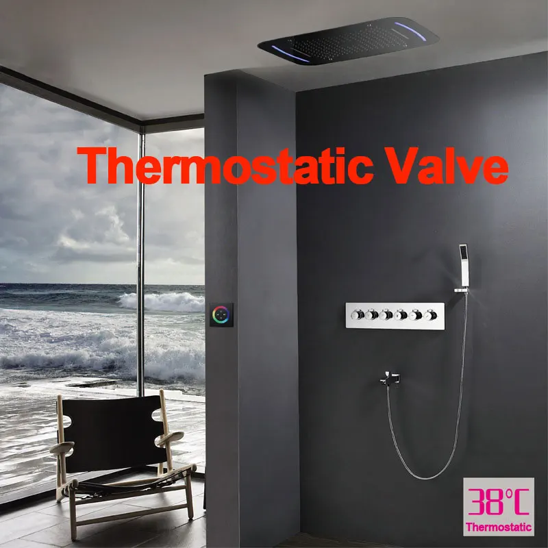 Thermostatic Душевой набор для ванной, термостатический смеситель, смесители для душа, светодиодный потолочный Душ с дождевой насадкой, туманный дождевой Душ, водопад с горкой - Цвет: Thermostatic