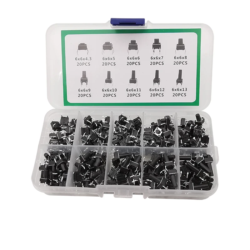 200Pcs 6x6 Tact Switch Tactile Push Button Kit Height 4.3mm-13mm DIP 4P Micro 10 Models 6*6 Switchs for Arduino | Обустройство дома