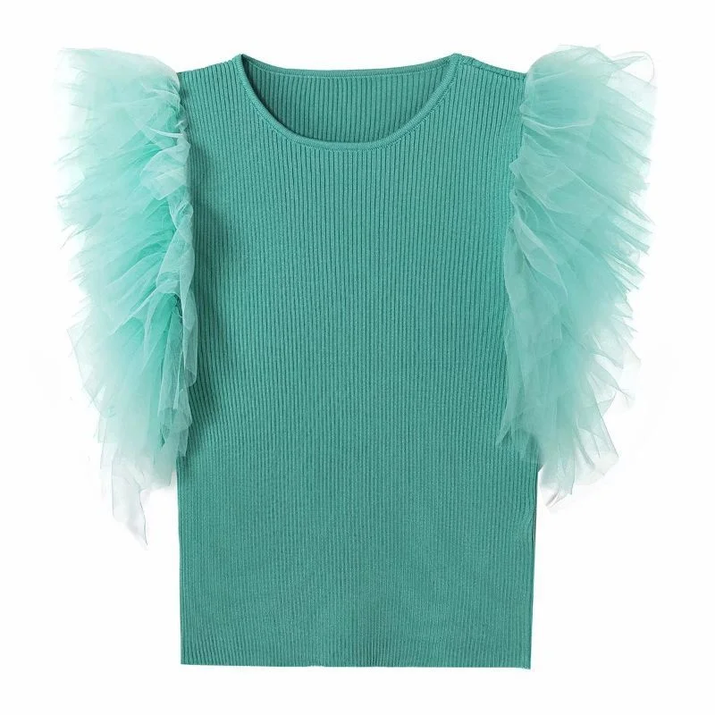 

Autumn 2021 Pullover round Neck Stitching Mesh Sleeves Slim Cool Knitted Tops Wholesale