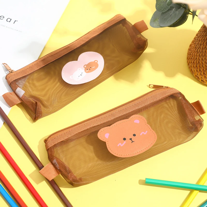 

Сетчатый Чехол для карандашей, милый медвежонок, Коричневый чехол для канцелярских принадлежностей, пенал, сумка для хранения, прозрачная м...