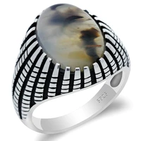 925 sterling silver male rings natural agate stone retro punk style ring for men party jewelry handcrafted fine jewelry