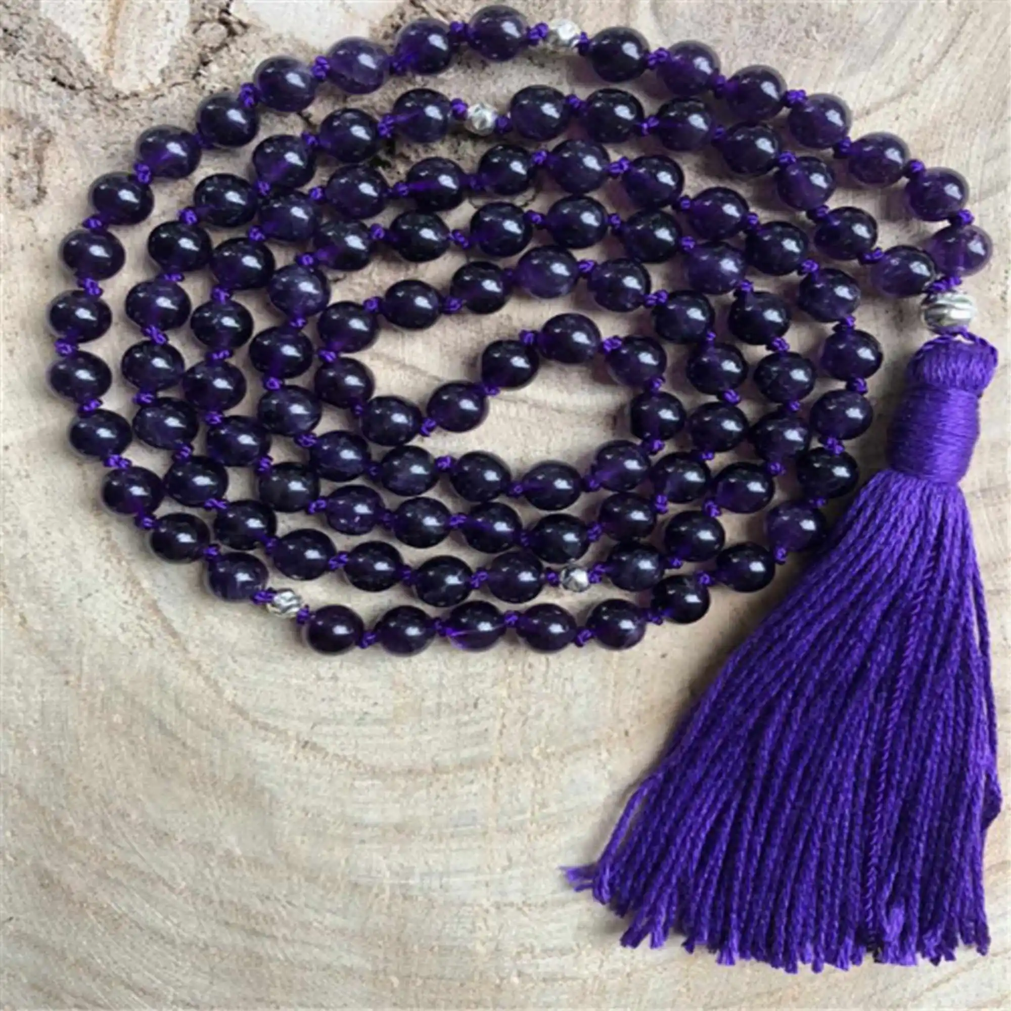 

6mm Amethyst 108 gemstone Bead Tassels Knot Necklace Thanksgiving Day National Style Relief Gift Glowing Buddhism Classic