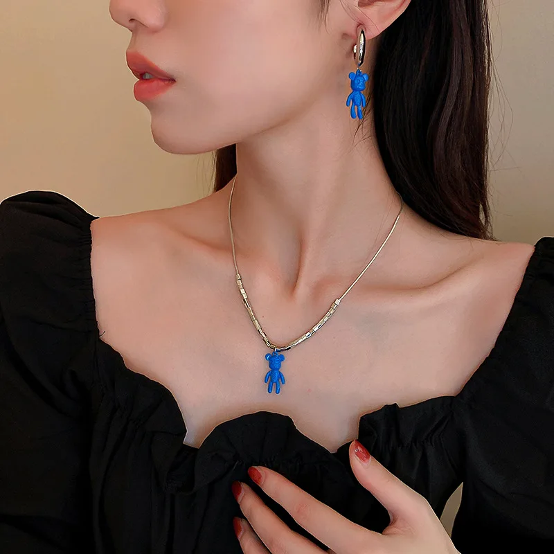 

TARCLIY эмалированная синяя Бриллиантовая Милая цепочка до ключиц с мультяшным рисунком для женщин и девушек набор ювелирных изделий с животн...