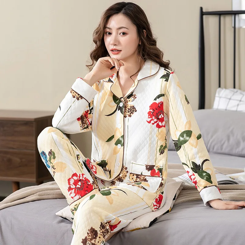 

Пижама весна-осень, Женская сэндвич-Пижама с длинным рукавом, Корейская Повседневная Свободная одежда для сна, Хлопковая пижама из двух пре...