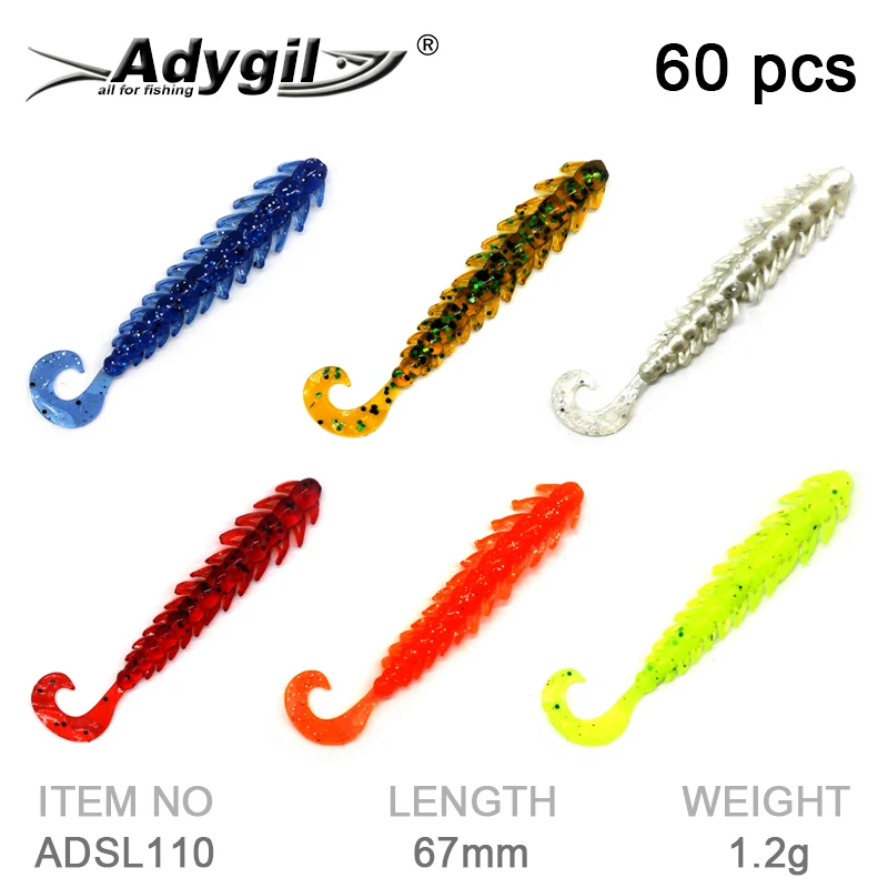 Мягкие силиконовые приманки Adygil ADSL110/BLSA65 для ловли окуня, форели, Краппи, 60 шт./упак., 6 цветов по 10 шт. каждого цвета