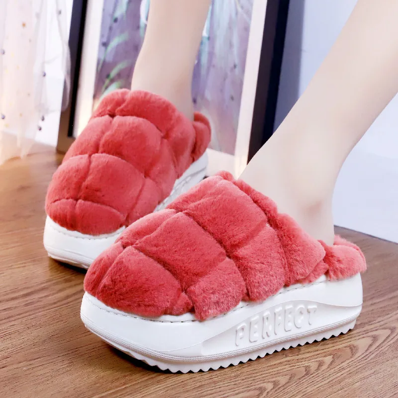 

Women's Slippers Fashion Thick-soled Ladies High Heels 4.5CM Plush Slippers Winter Comfortable Warm Shoes Indoor Slippers
