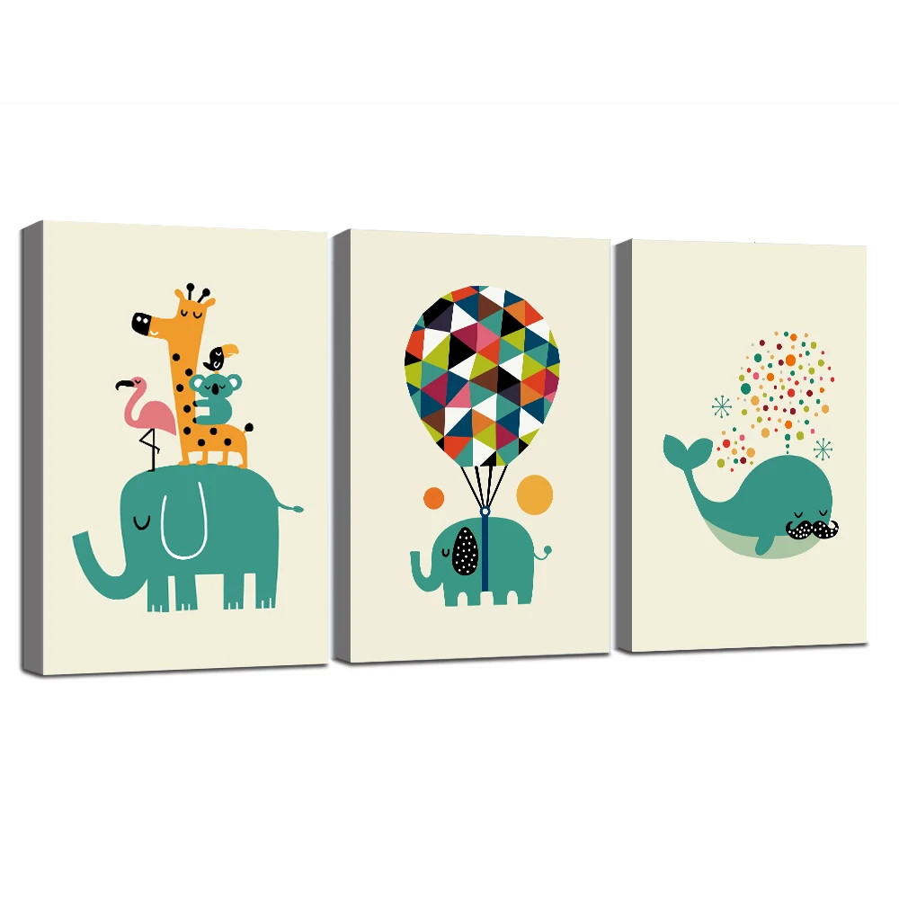

Nursery Cartoon Animal Wall Art Airballoon Elephant Mustache Whale Canvas Painting Baby Posters and Prints Framed Ready To Hang