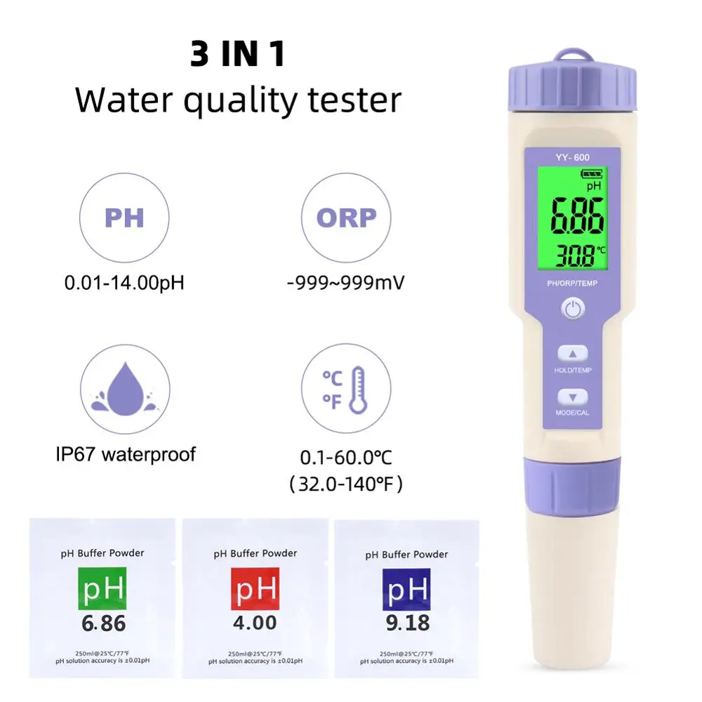 YY 600 PH/ORP/TEMP 3 в 1 тестер качества воды PH метр redox потенциальный для аквариума