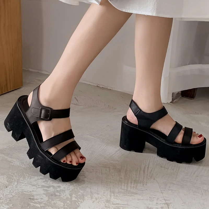 

Summer Black Thick-soled Women's Sandals Women's Thick-heeled Fashion Buckle Casual Sandals Cheap, High-quality, Large Size 43