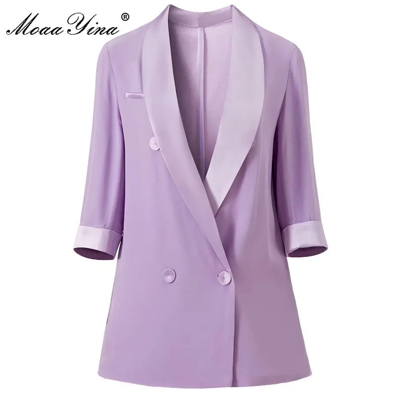 

MoaaYina модная дизайнерская Весенняя фиолетовая верхняя одежда женская шаль воротник рукав три четверти элегантные куртки пальто