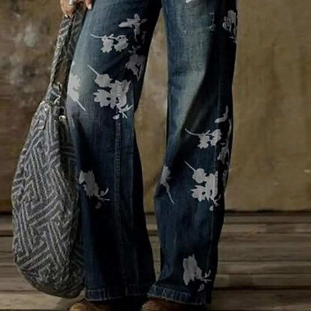 

Women Denim Pants High Waist Floral Print Wide Leg Trousers Loose Jeans for Work Street Wear Blue M-3XL Women Clothing