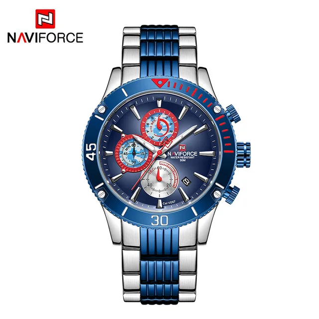 silver blue Новые мужские часы NAVIFORCE, армейские военные спортивные наручные часы, мужские водонепроницаемые часы с хронографом и датой, зеленые кварцевые часы, мужские часы - Цвет: silver blue