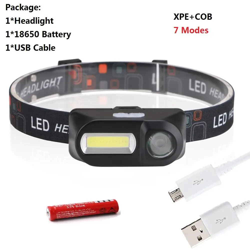 With Battery Sanyi COB XPE светодиодный мини-налобный фонарь с 7 режимами usb для зарядки, фонарь для кемпинга, охотничий фронтальный Головной фонарь с аккумулятором 18650 - Испускаемый цвет: With Battery