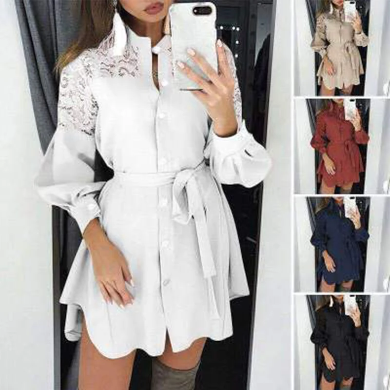 

za traf Woman 202021 Spring Lace Long Sleeve V-neck Pure Color Band-Up Shirt Dress xnwmnz skir robes femme shein