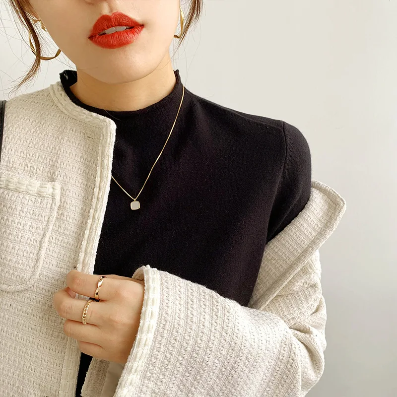 

Однотонная приталенная женская рубашка из 2021 чистого хлопка, топ с высоким воротником, серая футболка