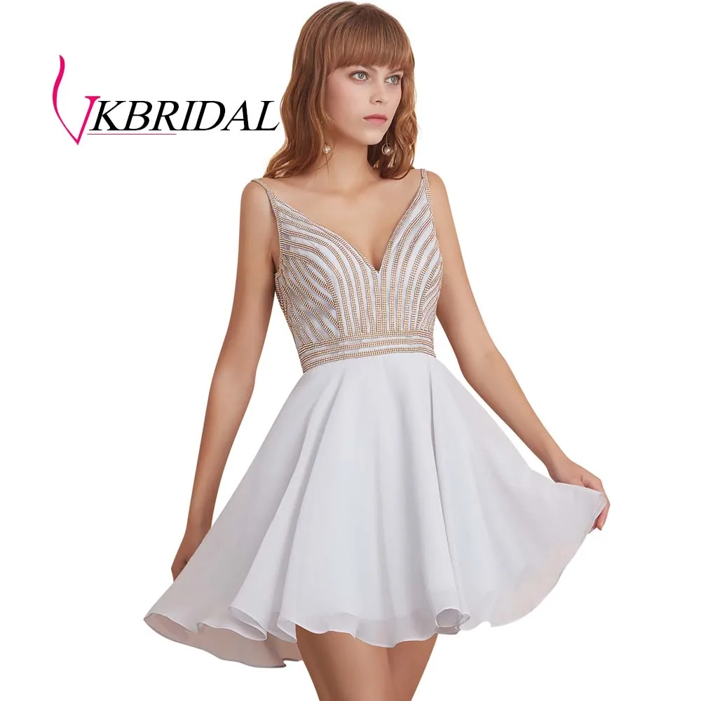 VKBRIDAL сексуальное короткое платье с v-образным вырезом для выпускного вечера Новое шифоновое бисерное милое платье с v-образным вырезом сзади - Цвет: Слоновая кость