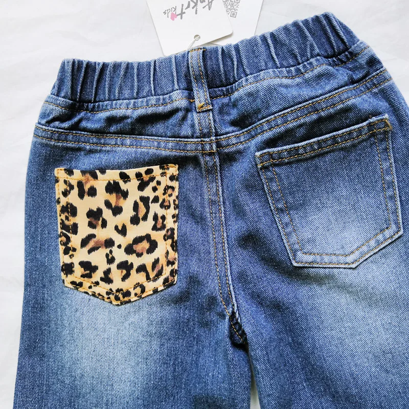 

LarLarBoom Girls Denim Pants Fashion High Waist Jeans Children Broad-legged Trousers Leopard Pocket Patchwork Baby Girls Jeans