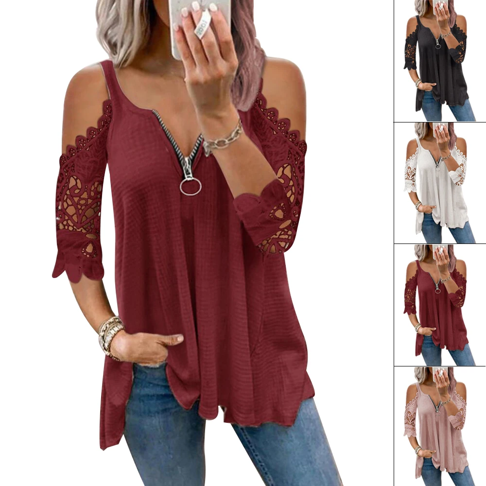 

Autumn Women Solid Lace Stitched Short Sleeve T-Shirt Female Zipper V Neck Hollow Out Plus Size Pullovers Ladies Streetwear