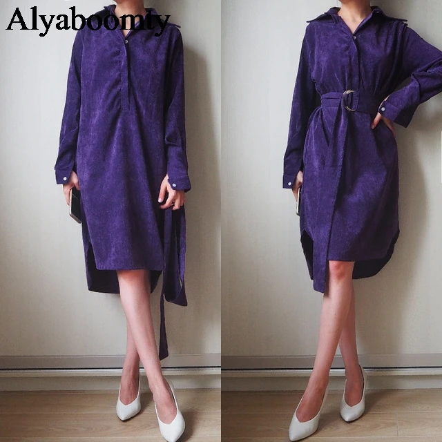 

Spring Autumn Women Oversized Dress Plus Size Casual Loose Irregular Sashes Dress Vintage Elegant Purple Corduroy Stylish Dress