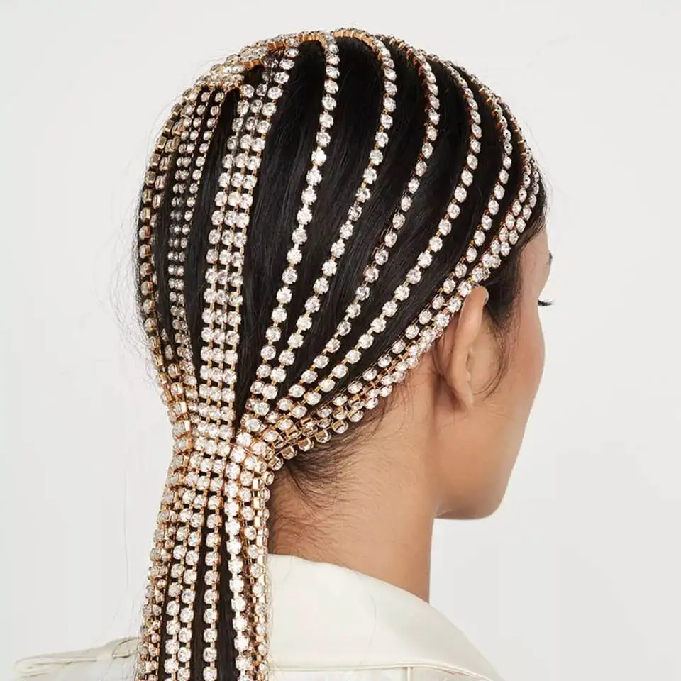 

Hot Sale Bridal Headband Rhinestone Long tassel Hair Chain Accessories for Women Crystal Multi Strand Head Chain Hair Jewelry