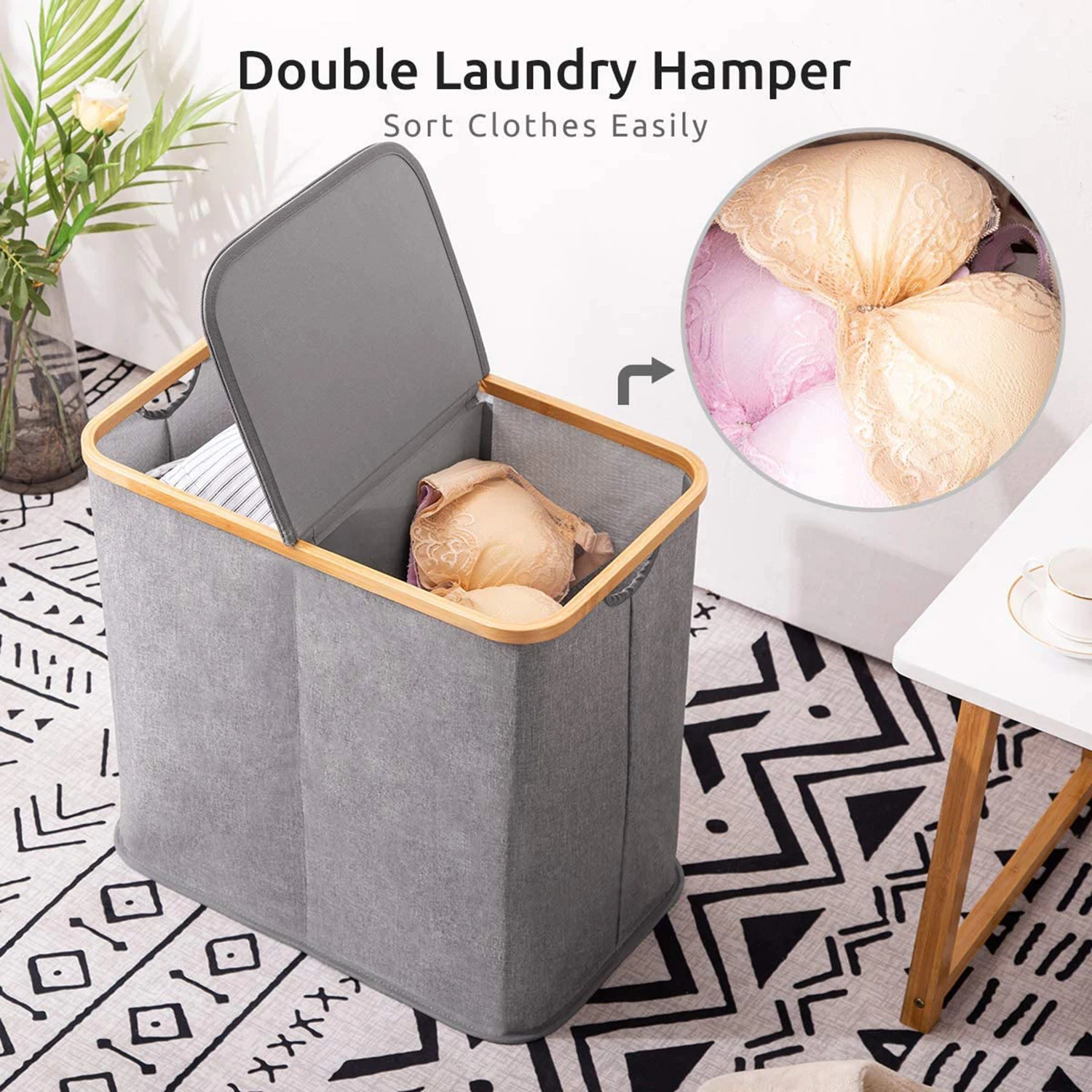 

Collapsible Dirty Clothes Basket with Handles Waterproof Bamboo Frame Clothes Hamper Storage for Bedroom Bathroom