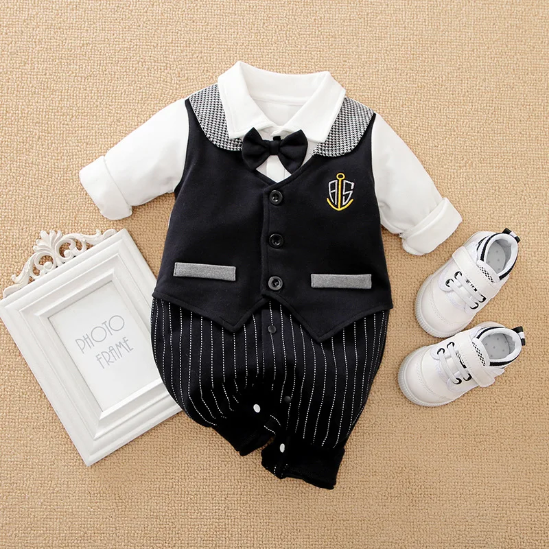 

Newborn Baby Boy Birthday Clothes Striped 100% Cotton Gentleman Style Baby Boy Rompers Long Sleeve Infant Jumpsuit Onesie Things