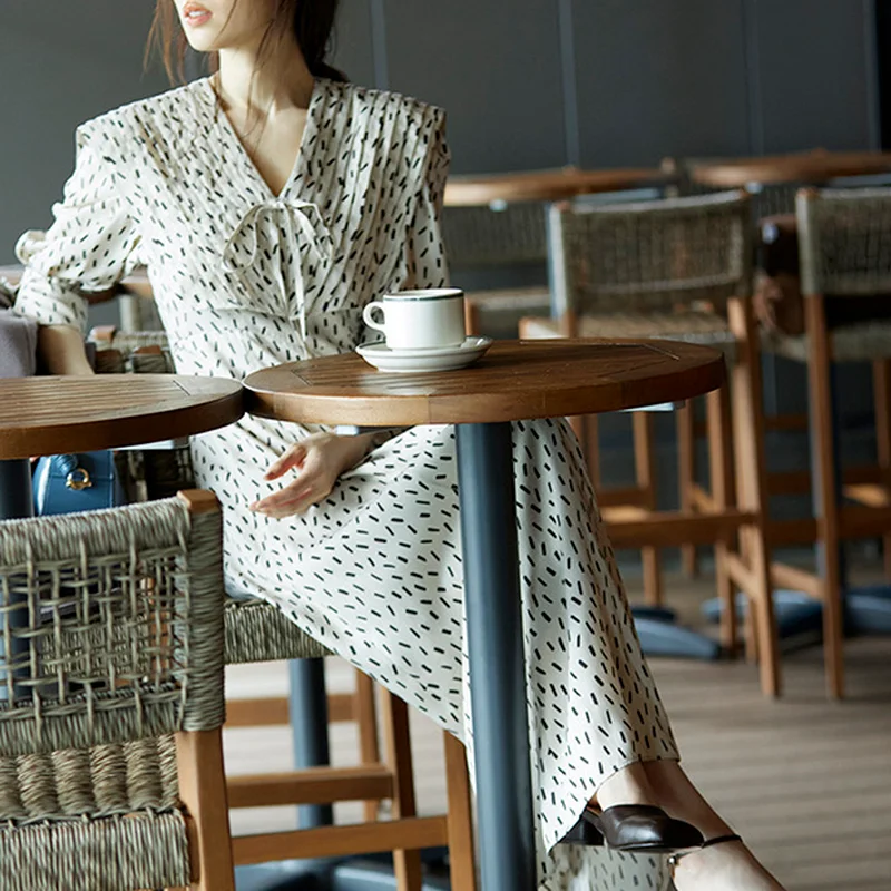

FAKUNTN японские осенние женские халаты, милые темпераментные платья, V-образный вырез, пышные рукава, принт, высокая талия