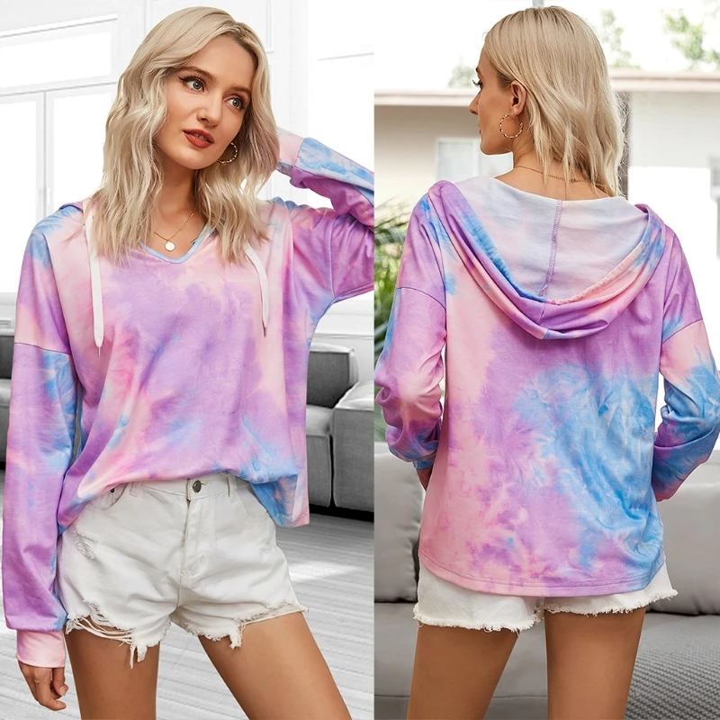 

Women Autumn Long Sleeve Drawstring Hoodies Sexy V-Neck Gradient Tie-Dye Print Sweatshirt Casual Loose Lightweight Pullover Tops