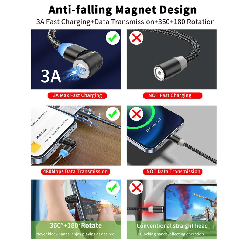 USLION Magnetic Charging Cable Fast Charging 3A Data Transfer Type C Magnetic Phone Charger Micro USB Cable For iphone Xiaomi 11