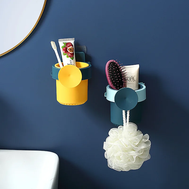 

3319 Dormitory Bathroom Toothbrush Holder Bathroom Suction Wall Storage Shelf Household Multi-functional Cups with Hook