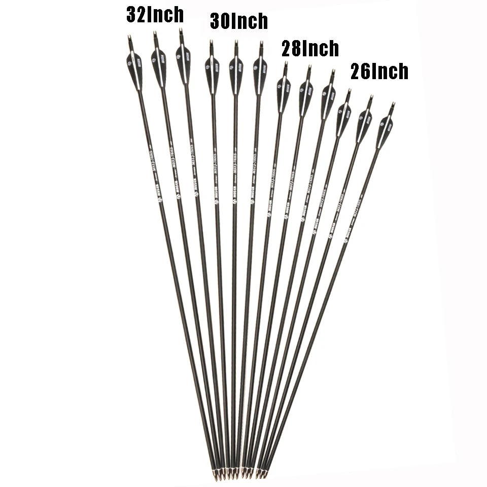 

26/28/30/32 Inches Carbon/Fiberglass Arrow Spine 500 Black and White Feather for Recurve/Compound Bow Archery Hunting Shooting