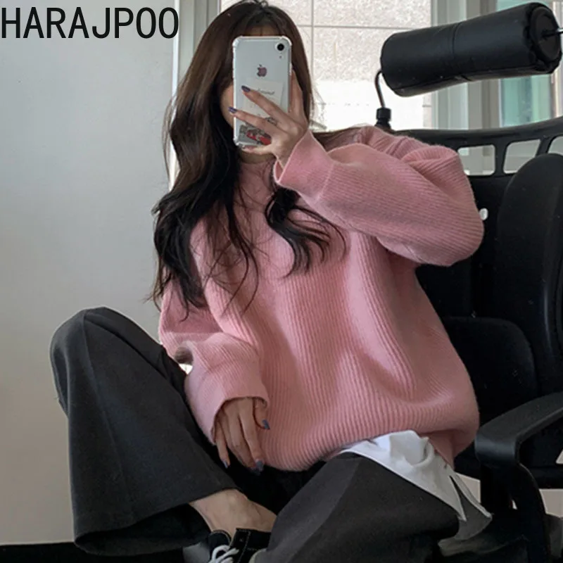 

Harajpoo Clothing Female Thick Warm Fashion Korean Fall Winter Green O Neck Loose Long Sleeve Knit Sweater Lazy Oaf Simplee