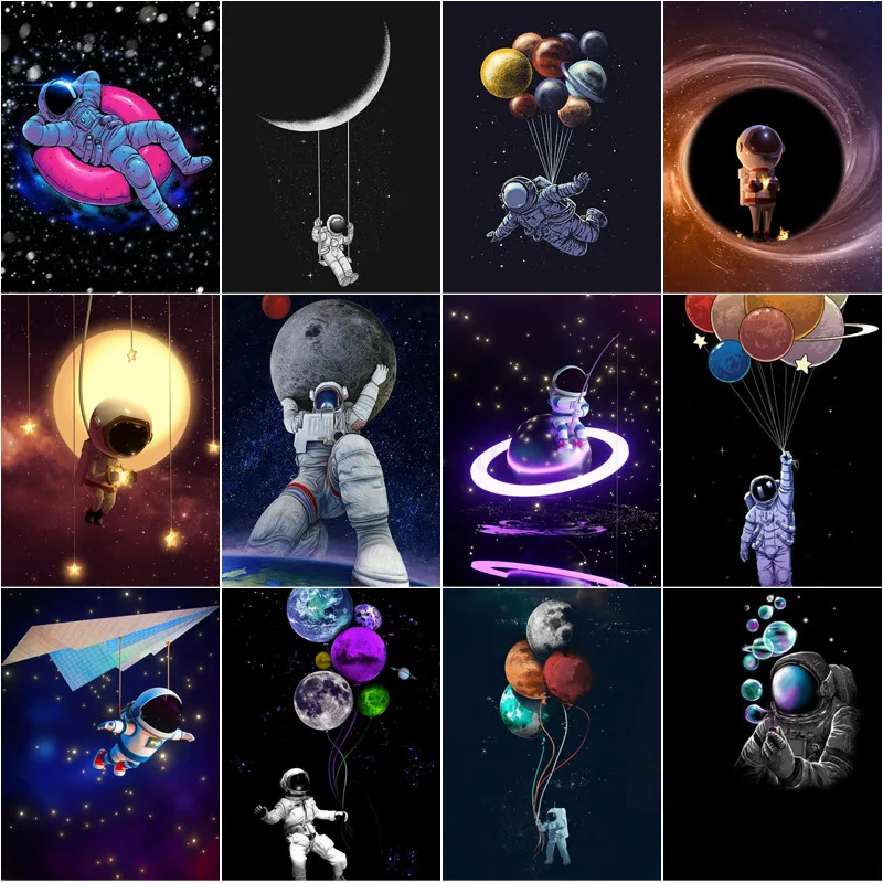 

Diamond Painting Astronaut Cartoon Creative Fantasy Space Outer Space Astronaut Paper Airplane Star Swimming Circle Decor Poster
