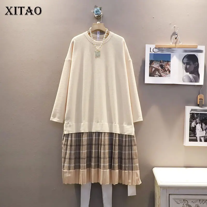 

Женское плиссированное платье XITAO, комбинированное платье контрастных цветов большого размера, Осень-зима 2021, новая простая универсальная ...