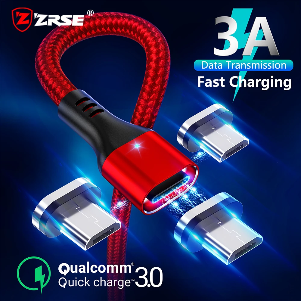 ZRSE Магнитный Micro USB кабель для samsung S7 J7 Microusb СВЕТОДИОДНЫЙ Магнитный зарядный кабель для Xiaomi Redmi 4X 3A провод для быстрой зарядки