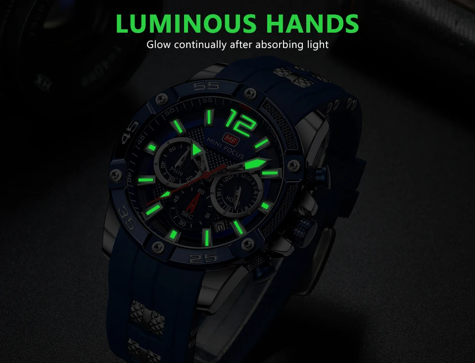 MINIFOCUS, военные мужские кварцевые часы, Лидирующий бренд, роскошный силиконовый ремешок, многофункциональные спортивные повседневные часы, мужские водонепроницаемые часы