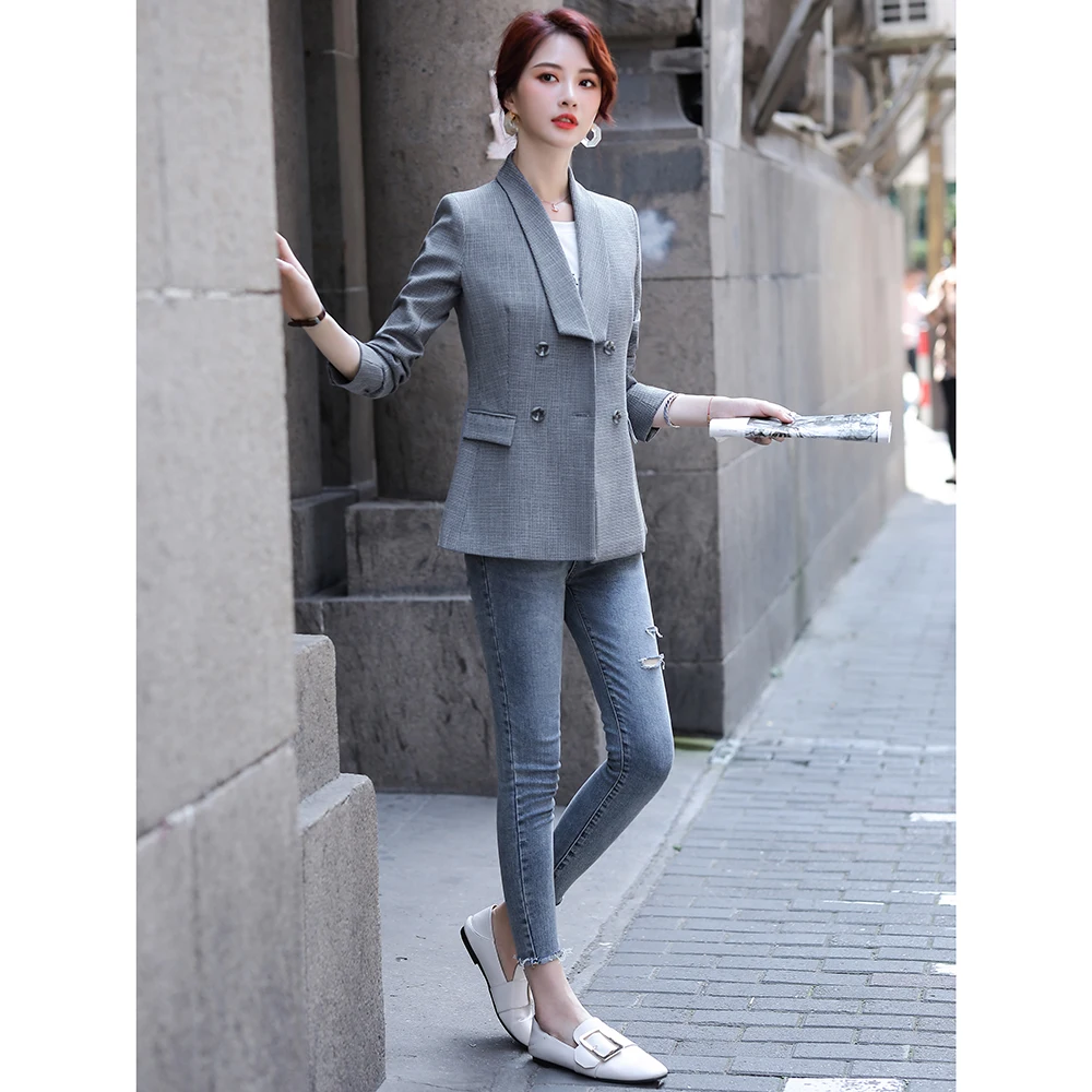 2020 модный осенний серый женский костюм куртка повседневный пальто с длинным