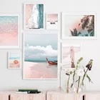 Розовая морская пляжная раковина зонтик лодка листья скандинавские плакаты и принты настенное искусство холст картины для украшения гостиной