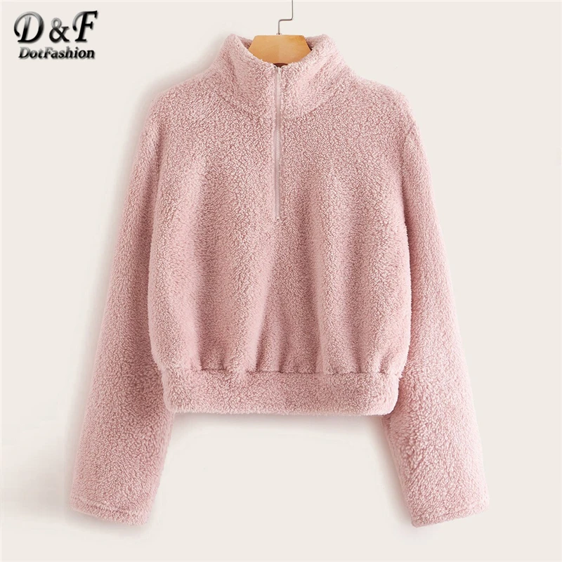 Dotfashion Розовый Повседневный плюшевый свитер с молнией спереди для женщин зимние однотонные милые толстовки со стоячим воротником