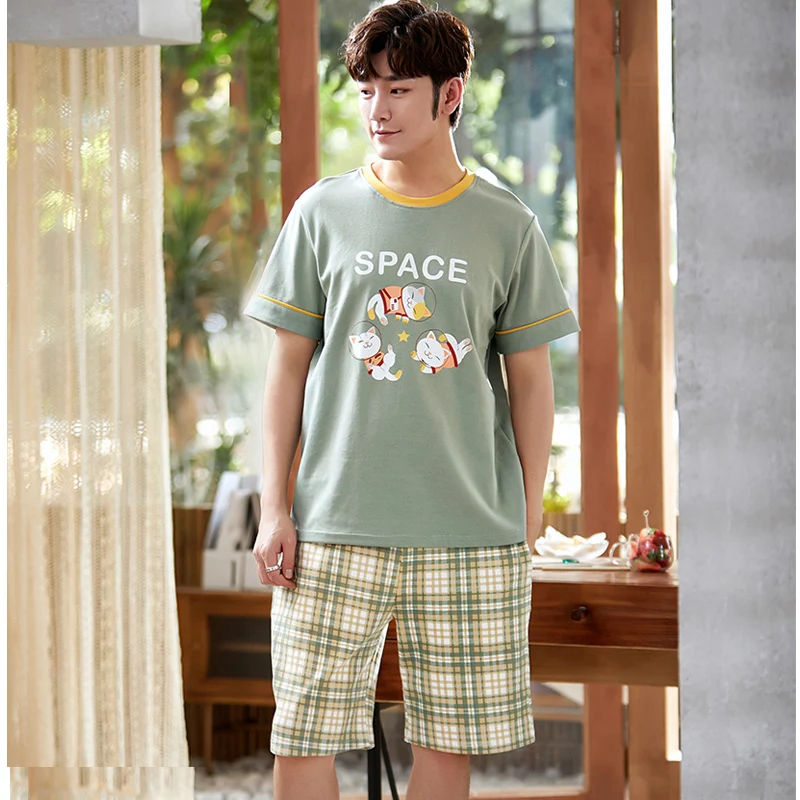 Мужская домашняя одежда с коротким рукавом костюм Летние повседневные клетчатые