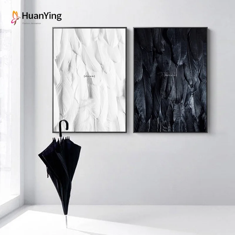 

Абстрактная Картина на холсте, плакат с черными и белыми перьями, Настенная картина с принтом для гостиной, спальни, коридора, Современный д...