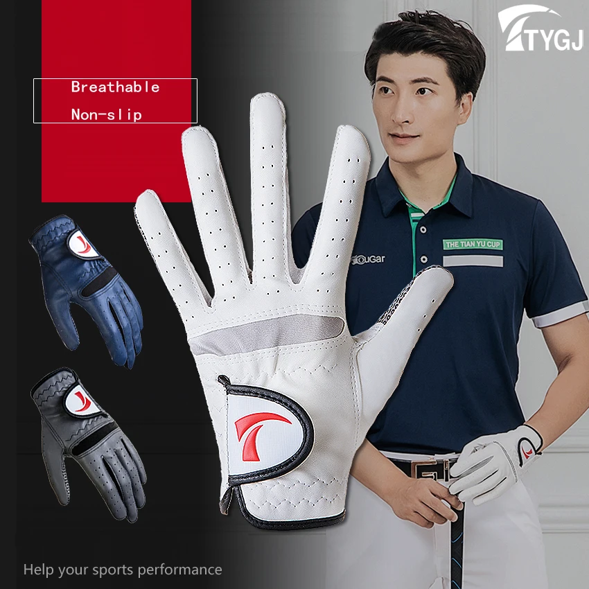

TTYGJ Men Golf Gloves Genuine Male Breathable Leather Glove Stretch Lycra Breathable Non-slip Type Left Hand Single High Quality
