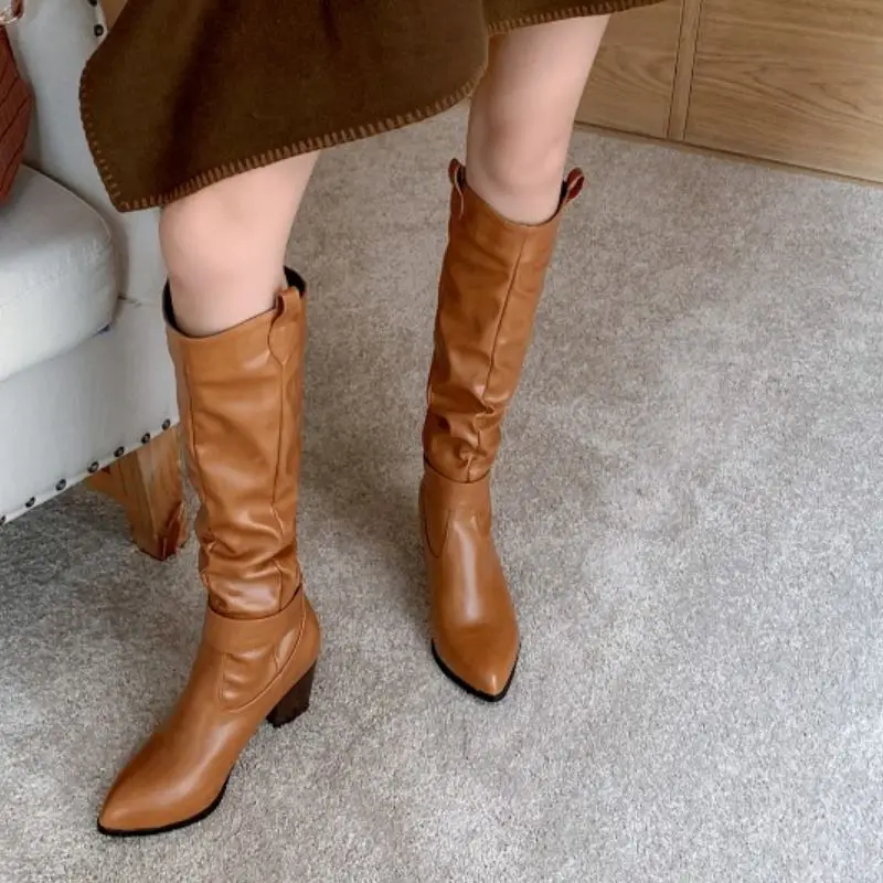 

Taoffen Women Long Boots Fashion Thick Heel Winter Shoes Woman Warm Buckle Sexy Knee High Boot Office Lady Footwear Size 32-46