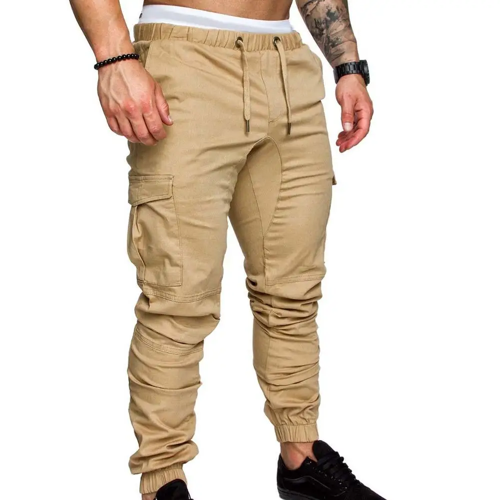Plus Size Men Solid Color Multi Pocket Drawstring Ankle Tie Cargo Sports Jogging Pants Hip Hop Men's Casual Workwear Trousers
