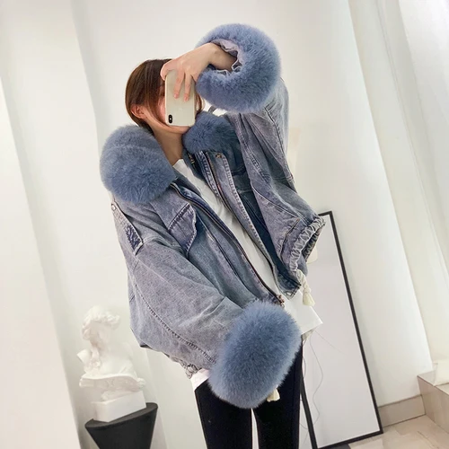 blue coat blue fur Зимняя женская парка с воротником из натурального Лисьего меха, джинсовая куртка с подкладкой из кроличьего меха, большие размеры, короткое пальто, винтажная корейская мода - Цвет: blue coat blue fur