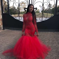 stunning red mermaid prom dresses high neck illusion long sleeve appliques south africa party gowns long tulle evening dresses