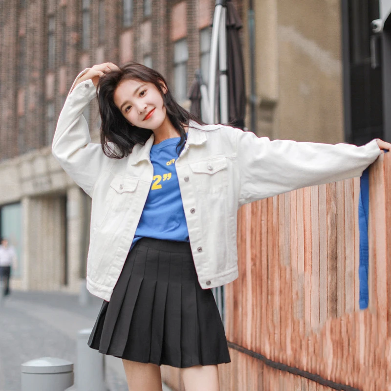 Женская Весенняя джинсовая куртка короткая однотонная повседневная Молодежная